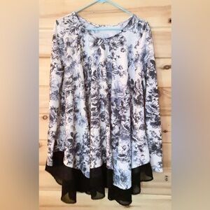 Altar’d State Oversized Flowy Floral Long Sleeve Top with Navy Blue Ribbon Trim